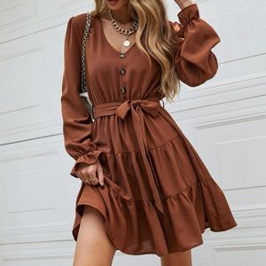 Flounce sleeve belted dress